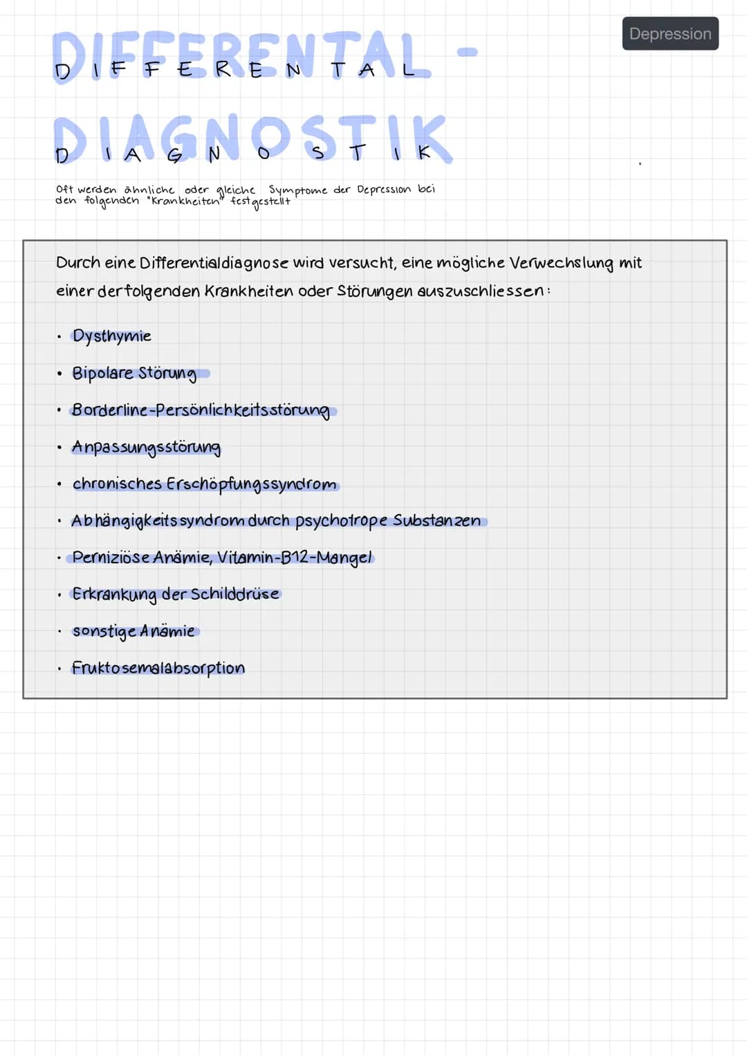DIFFERENTAL -
DIAGNOSTIK
Oft werden ähnliche oder gleiche Symptome der Depression bei
den folgenden "Krankheiten" festgestellt.
Durch eine D