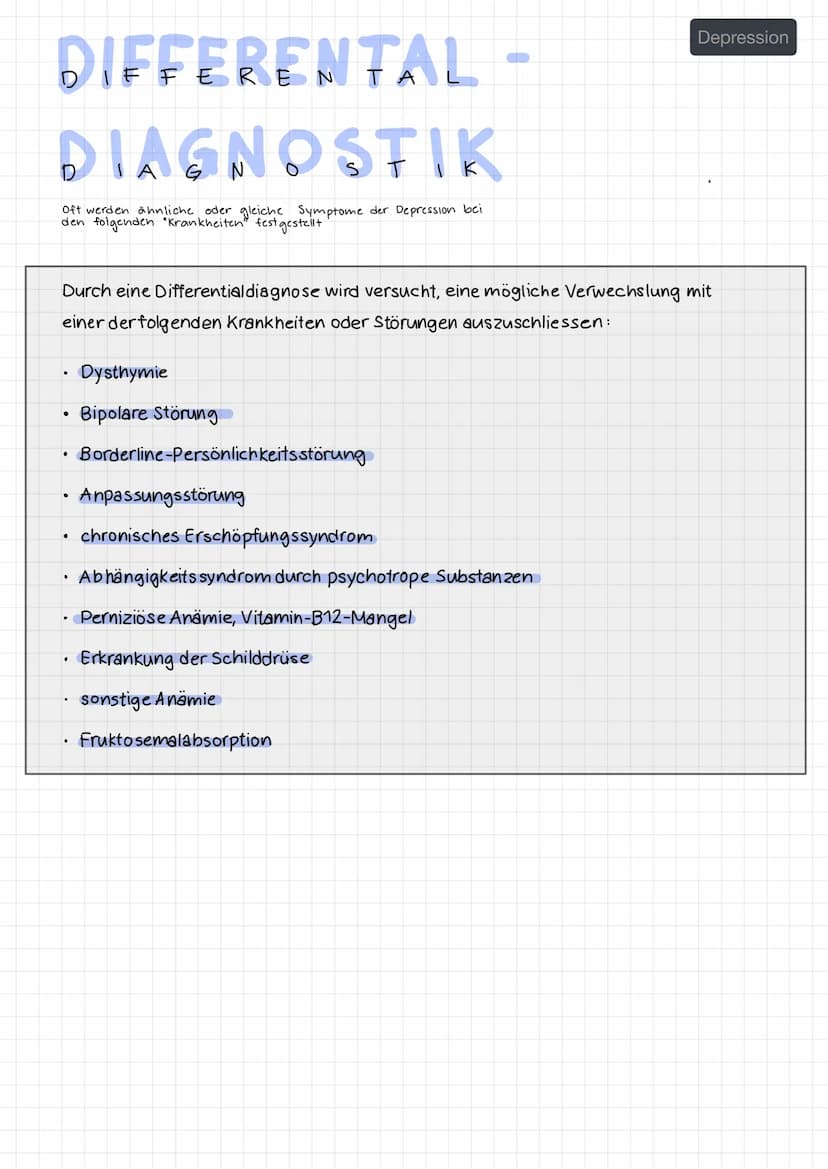 DIFFERENTAL -
DIAGNOSTIK
Oft werden ähnliche oder gleiche Symptome der Depression bei
den folgenden "Krankheiten" festgestellt.
Durch eine D