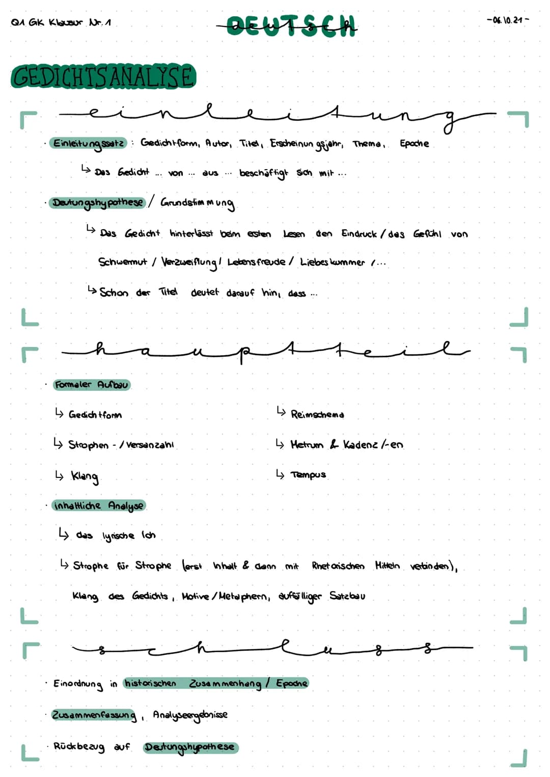 QA GK Klausur Nr. 1
GEDICHTSANALYSE
ein
r
L
л
sung
Einleitungssatz: Gedichtform, Autor, Titel, Erscheinungsjahr, Thema,. Epoche
دا
Deutungsh