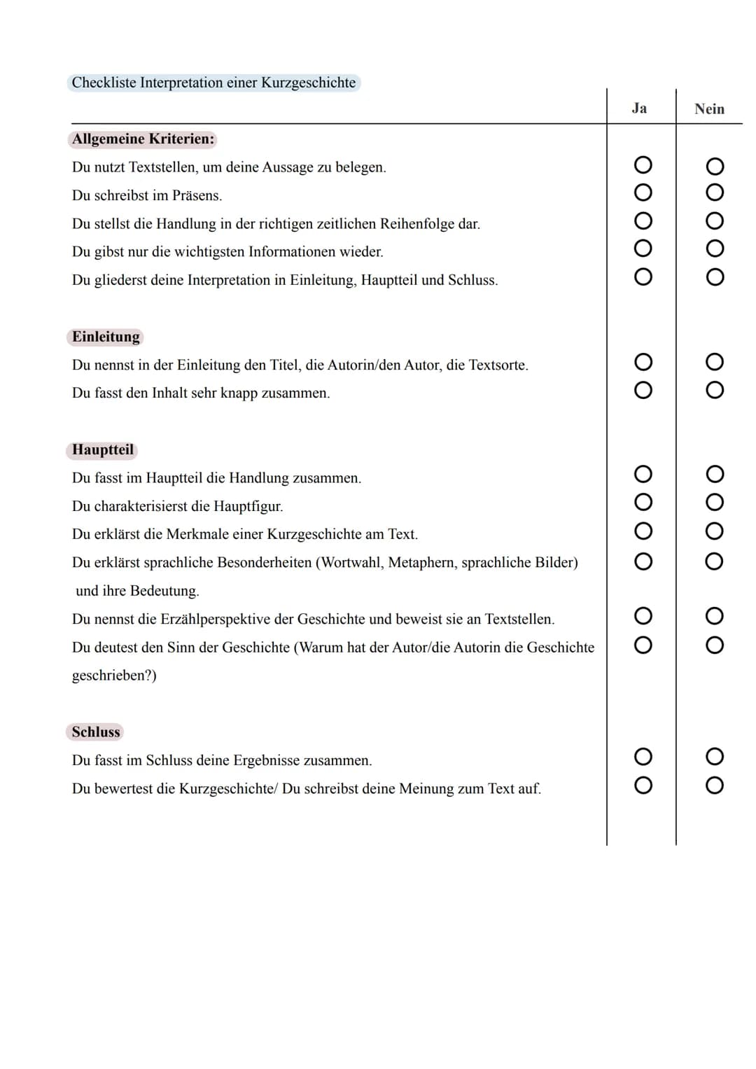 Checkliste Interpretation einer Kurzgeschichte
Allgemeine Kriterien:
Du nutzt Textstellen, um deine Aussage zu belegen.
Du schreibst im Präs