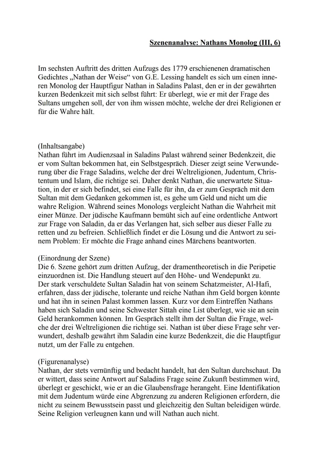 Szenenanalyse: Nathans Monolog (III, 6)
Im sechsten Auftritt des dritten Aufzugs des 1779 erschienenen dramatischen
Gedichtes ,,Nathan der W