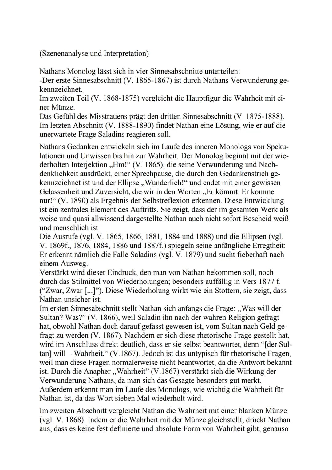 Szenenanalyse: Nathans Monolog (III, 6)
Im sechsten Auftritt des dritten Aufzugs des 1779 erschienenen dramatischen
Gedichtes ,,Nathan der W