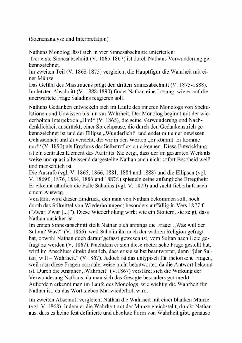 Szenenanalyse: Nathans Monolog (III, 6)
Im sechsten Auftritt des dritten Aufzugs des 1779 erschienenen dramatischen
Gedichtes ,,Nathan der W