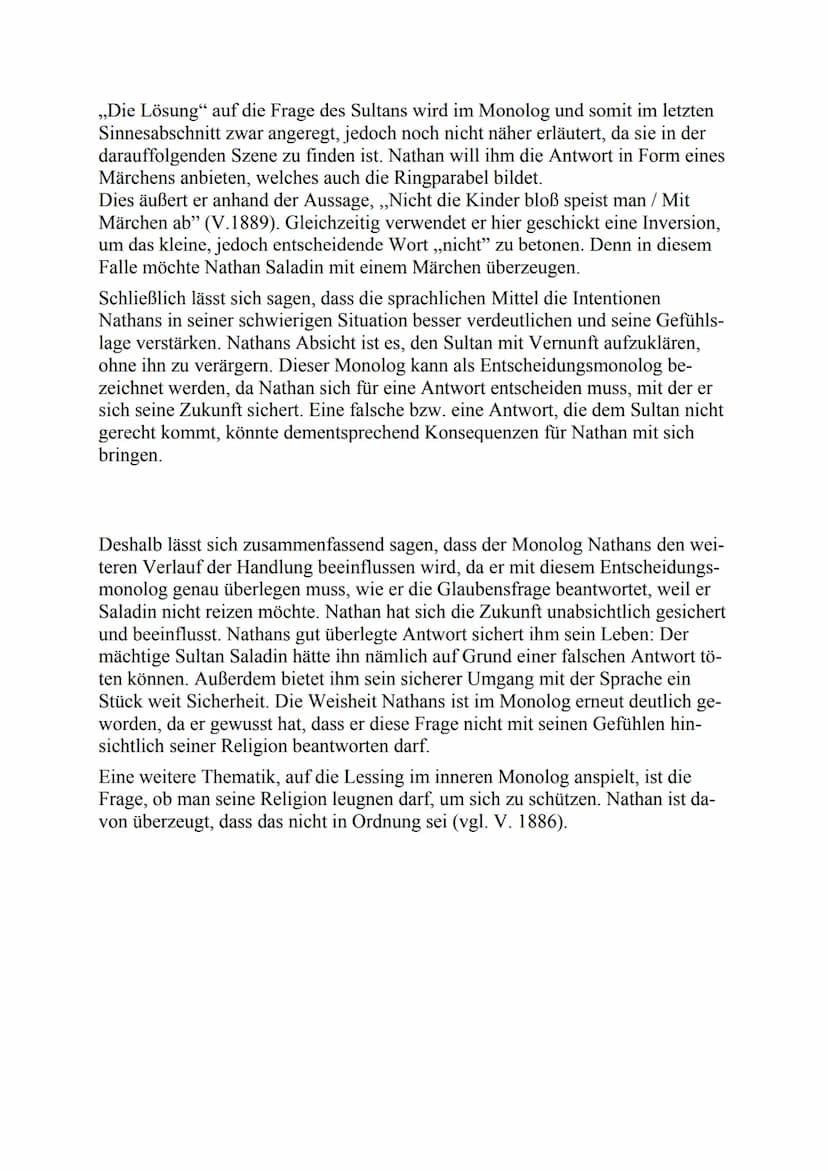 Szenenanalyse: Nathans Monolog (III, 6)
Im sechsten Auftritt des dritten Aufzugs des 1779 erschienenen dramatischen
Gedichtes ,,Nathan der W