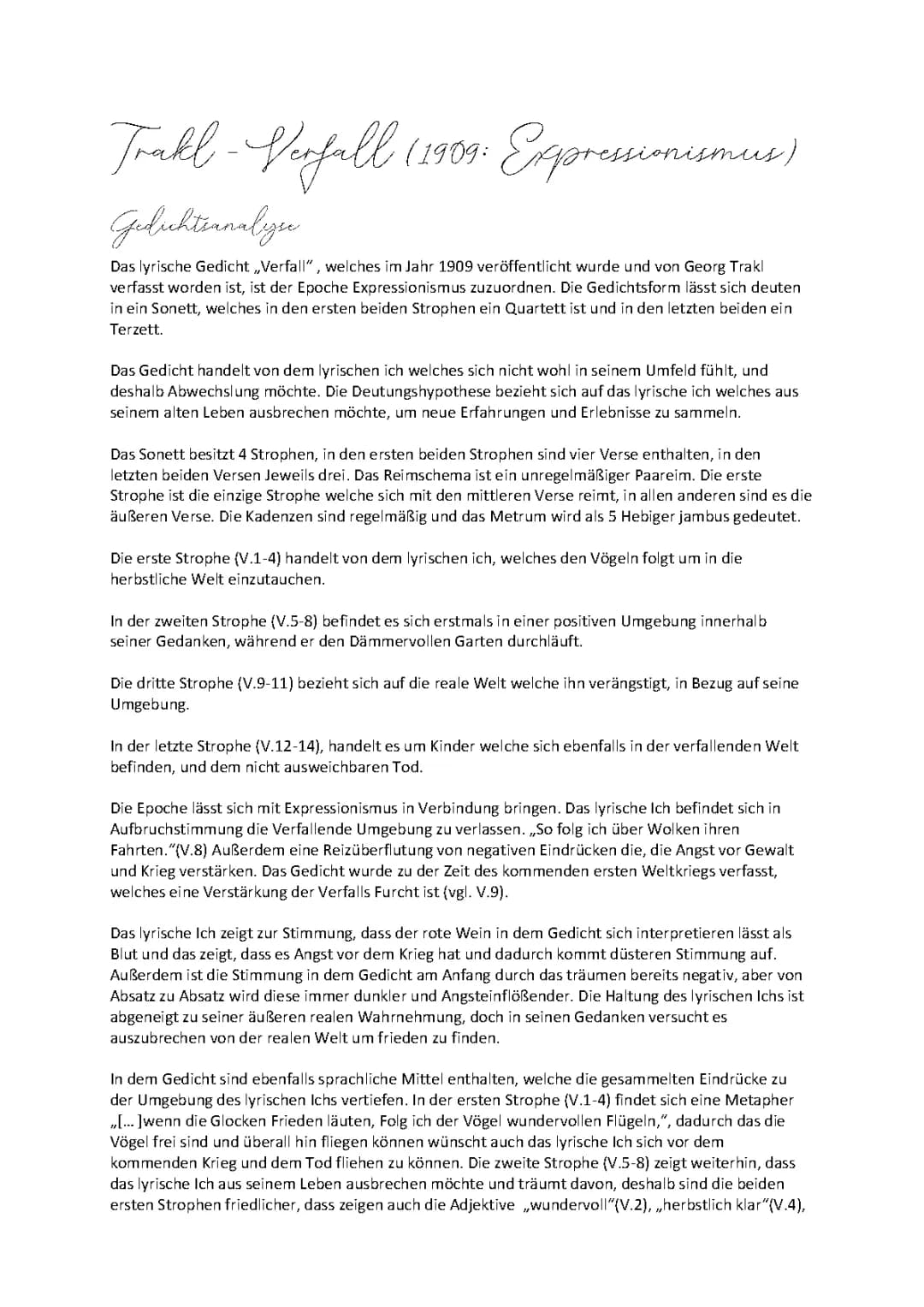 Verfall von Georg Trakl - Gedichtanalyse PDF, Epoche, Reimschema und mehr
