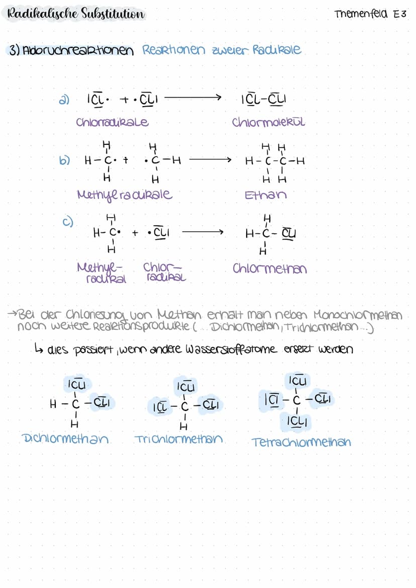 Radikalische Substitution
Radikal
Teilchen mit ungepaarten
Elektronen
→extrem Reaktiv
1) Startreaktion: Homolytische Spaltung durch Light
hr