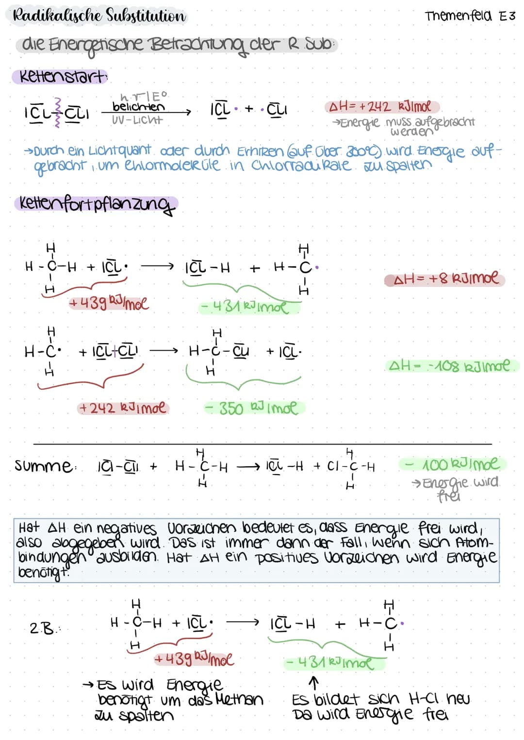 Radikalische Substitution
Radikal
Teilchen mit ungepaarten
Elektronen
→extrem Reaktiv
1) Startreaktion: Homolytische Spaltung durch Light
hr