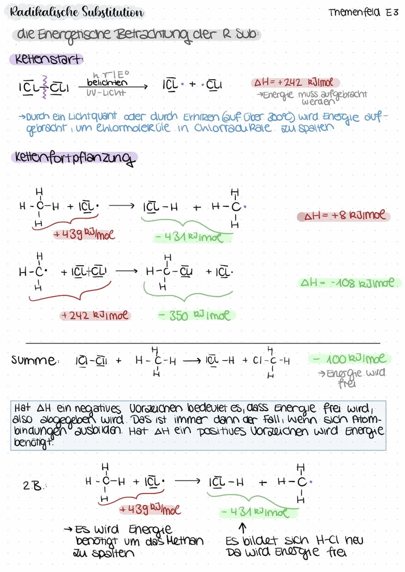 Radikalische Substitution
Radikal
Teilchen mit ungepaarten
Elektronen
→extrem Reaktiv
1) Startreaktion: Homolytische Spaltung durch Light
hr
