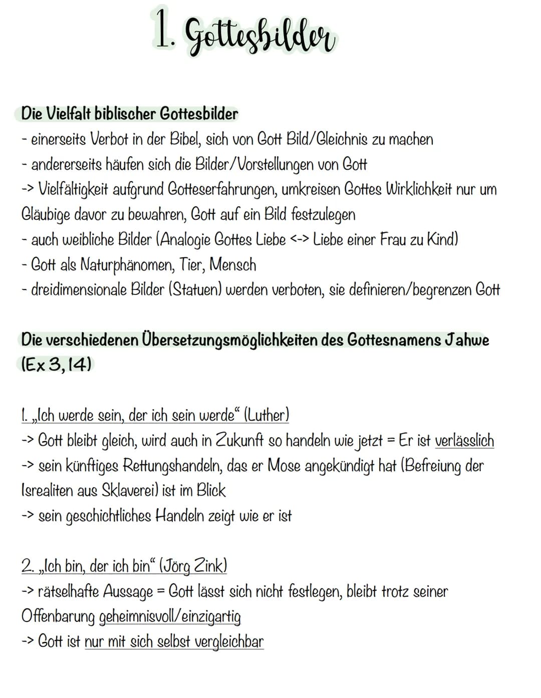 1. Gottesbilder
Die Vielfalt biblischer Gottesbilder
- einerseits Verbot in der Bibel, sich von Gott Bild/Gleichnis zu machen
- andererseits