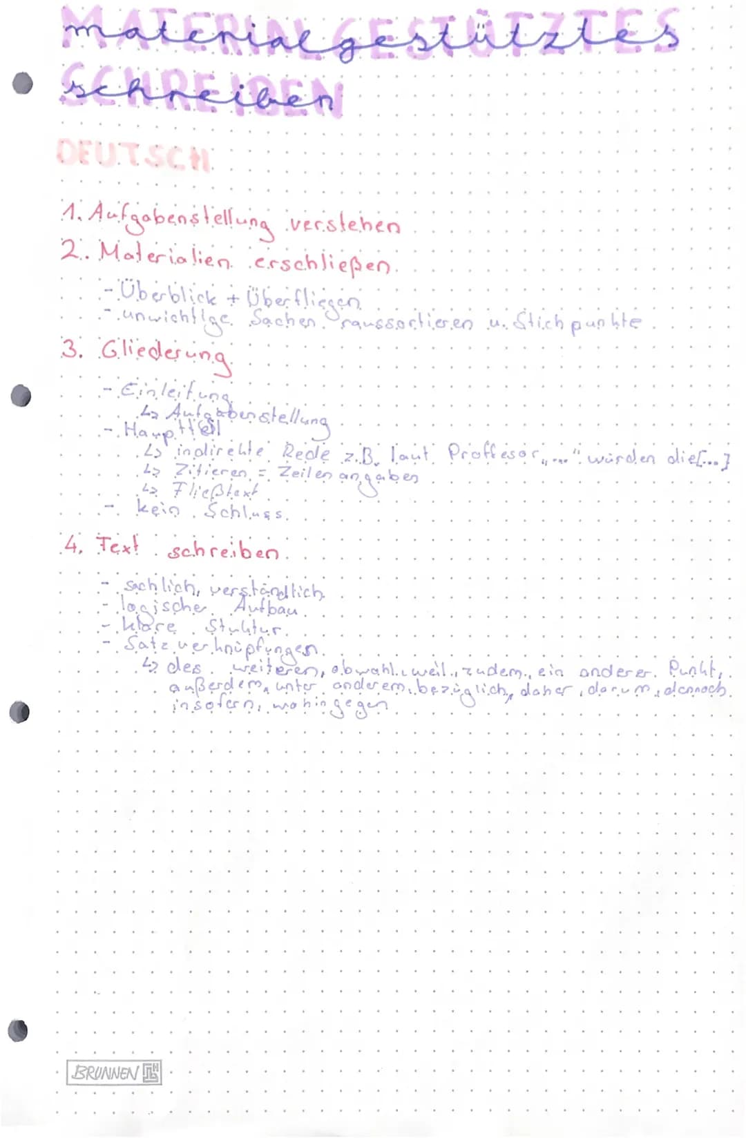 material gestütztes
• schreiben
DEUTSCH
1. Aufgabenstellung verstehen
2. Materialien erschließen.
- Überblick + Überfliegen
-.unwichtige Sac