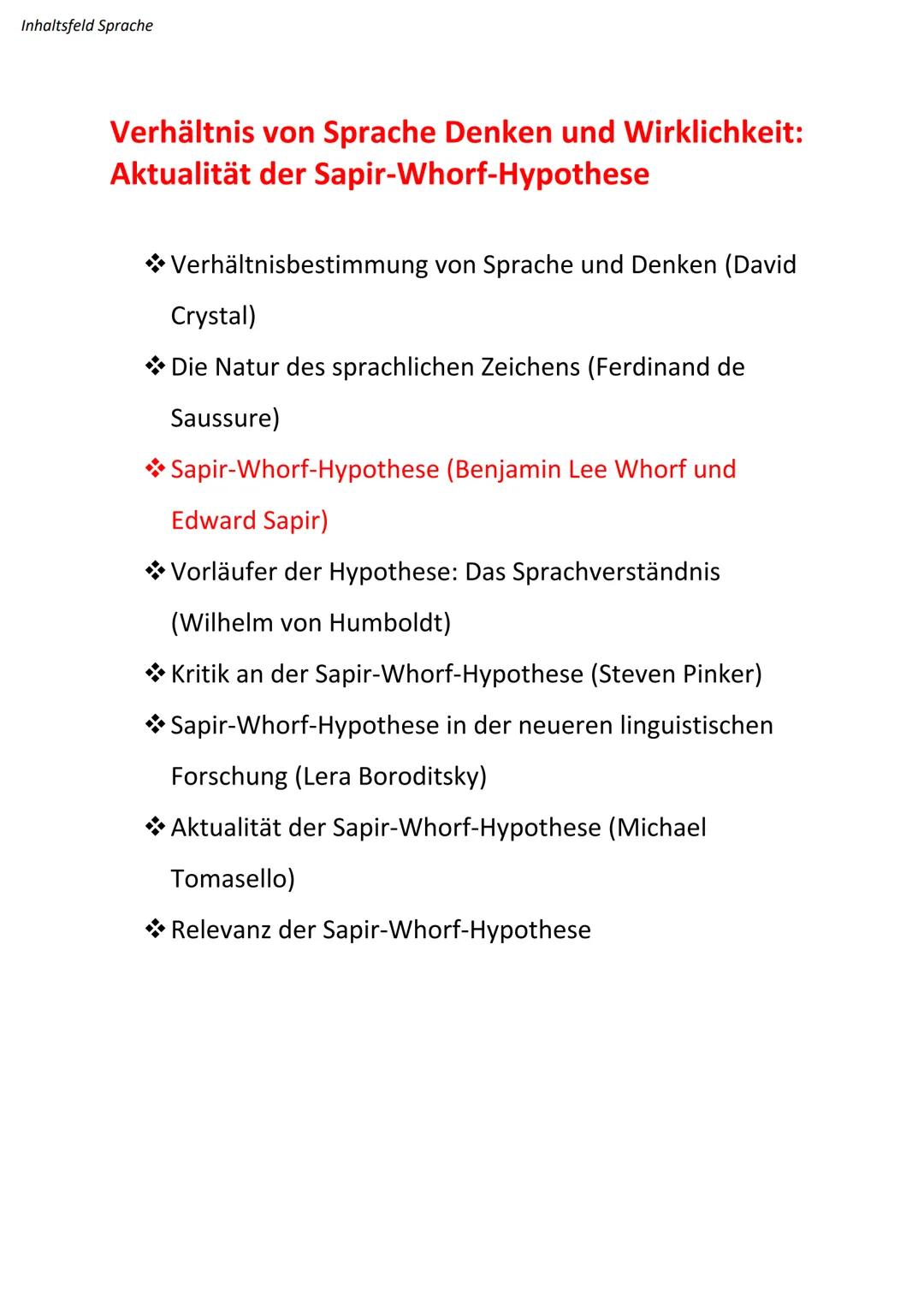 Abitur - Deutsch
Inhaltsfeld Sprache
• Spracherwerbsmodelle
• Sprachgeschichtlicher Wandel
• Verhältnis von Sprache Denken und Wirklichkeit: