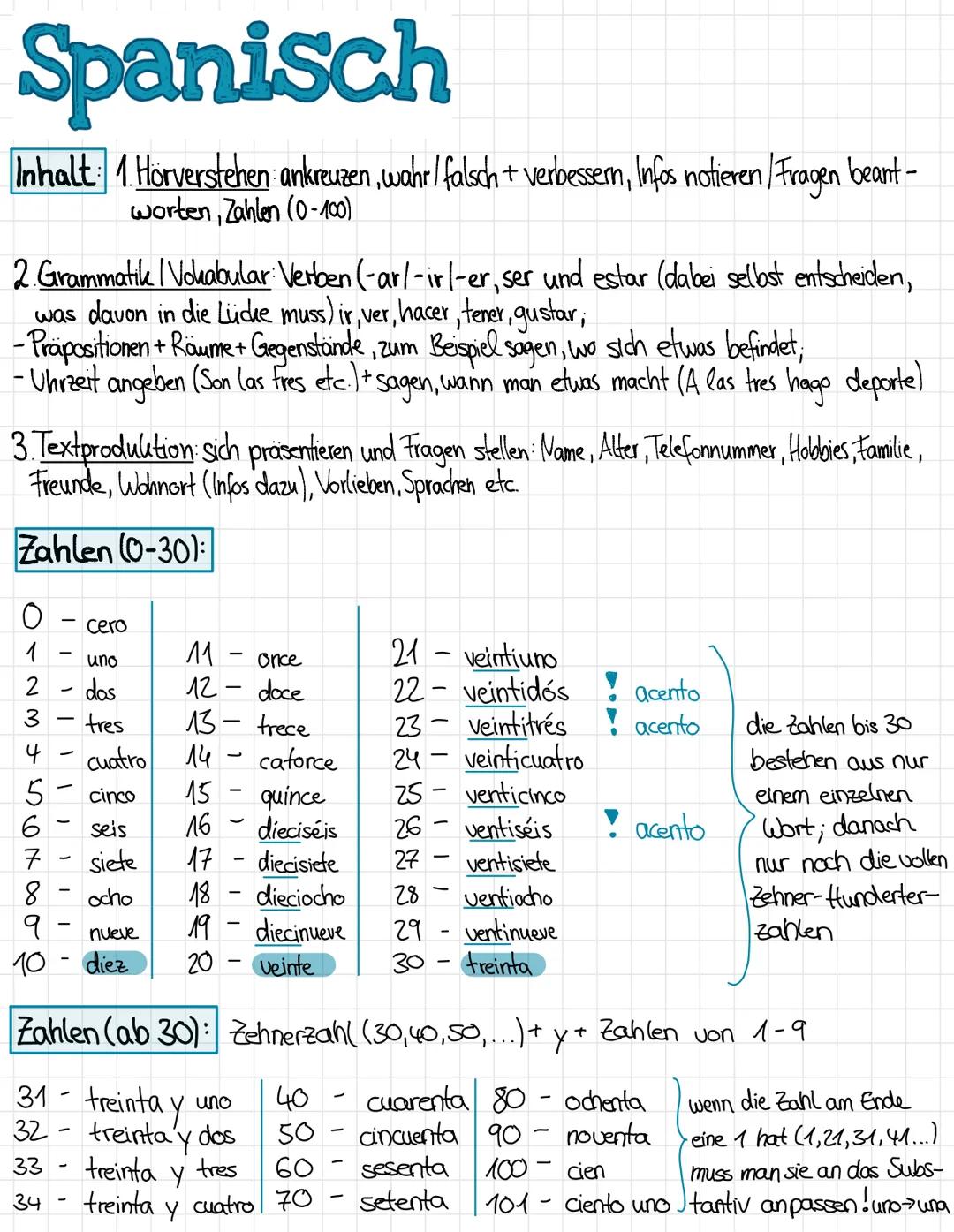 # Spanisch

Inhalt: 1. Hörverstehen ankreuzen, wahr / falsch + verbessern, Infos notieren/Fragen beant -
worten, Zahlen (0-100)

2.Grammatik