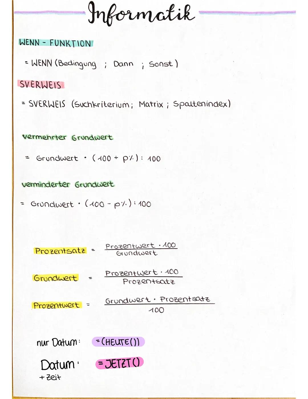 # Informatik

## WENN FUNKTION

= WENN (Bedingung ; Dann ; Sonst)

## SVERWEIS

= SVERWEIS (Suchkriterium; Matrix; Spaltenindex)

vermehrter
