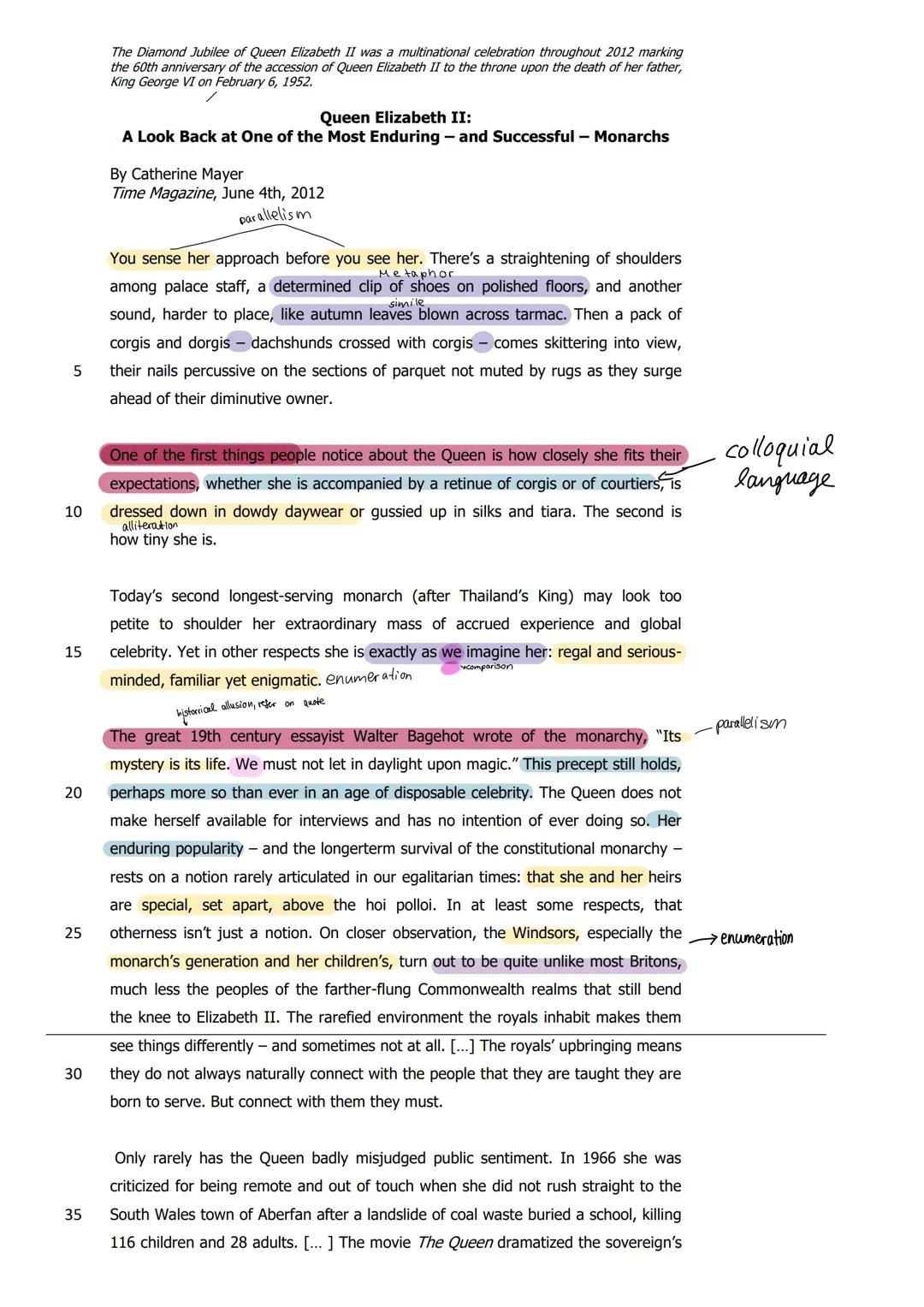 The text is argumentative. Its aim is to weigh positive and negative aspects of the Queen. Chaterine Mayer tries to
convince the reader obje