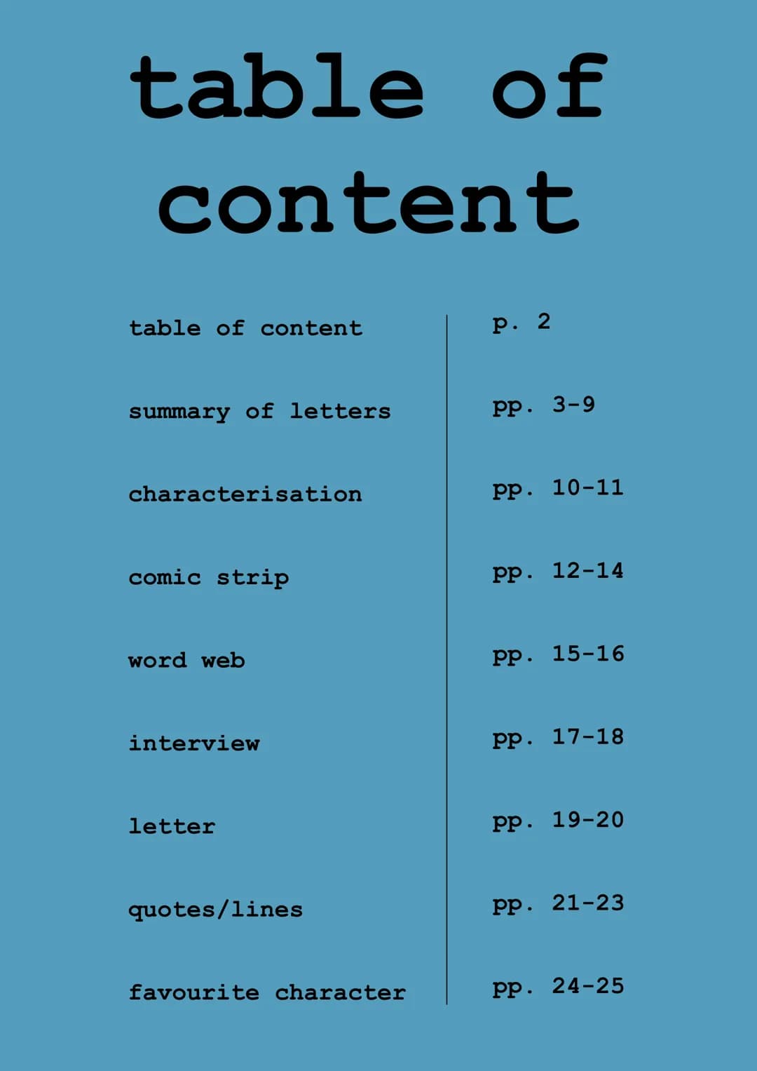 the
perks
of being a
wallflower
Reading log Sophie table of
content
table of content
summary of letters
characterisation
comic strip
word we