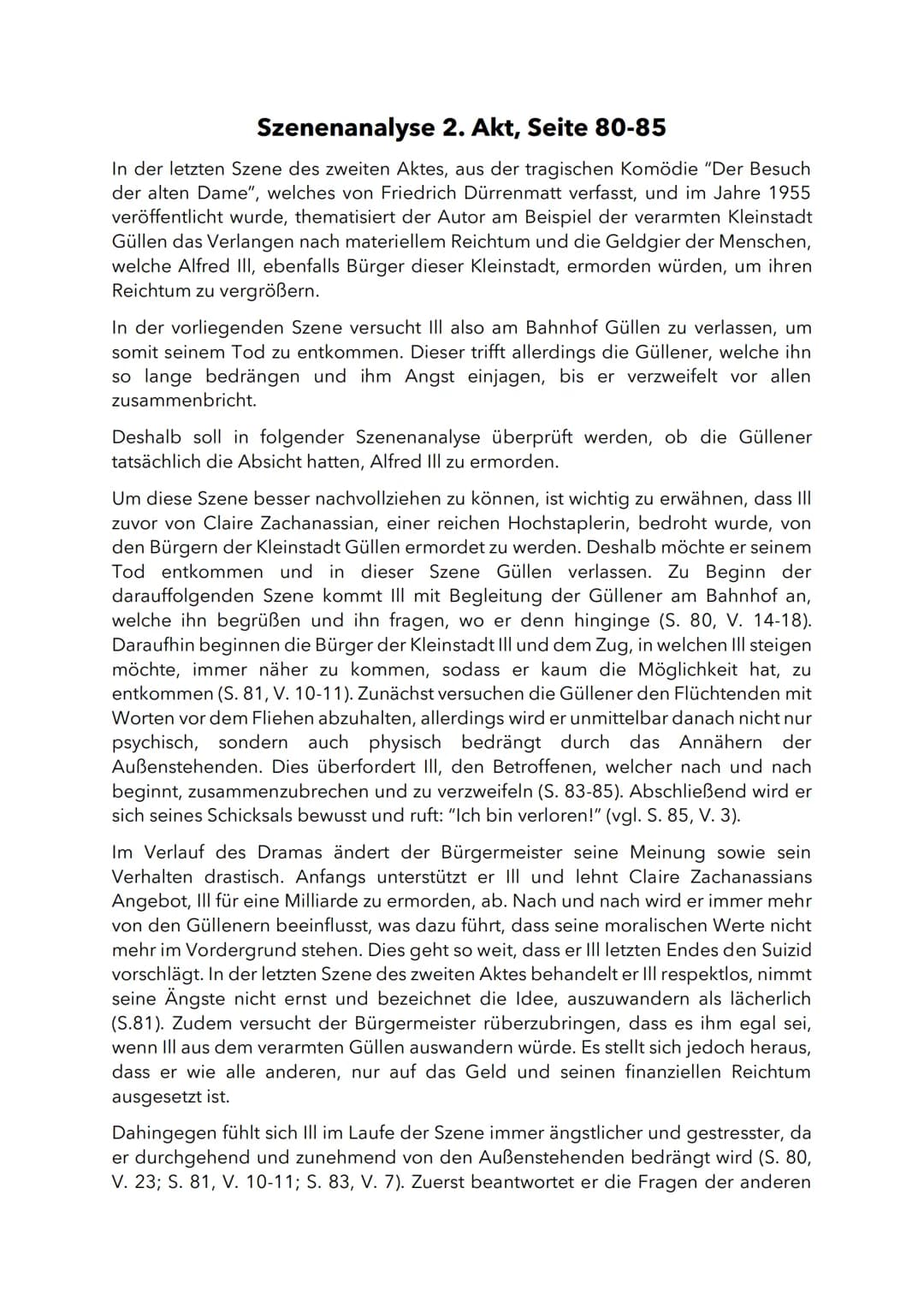 Szenenanalyse 2. Akt, Seite 80-85
In der letzten Szene des zweiten Aktes, aus der tragischen Komödie "Der Besuch
der alten Dame", welches vo