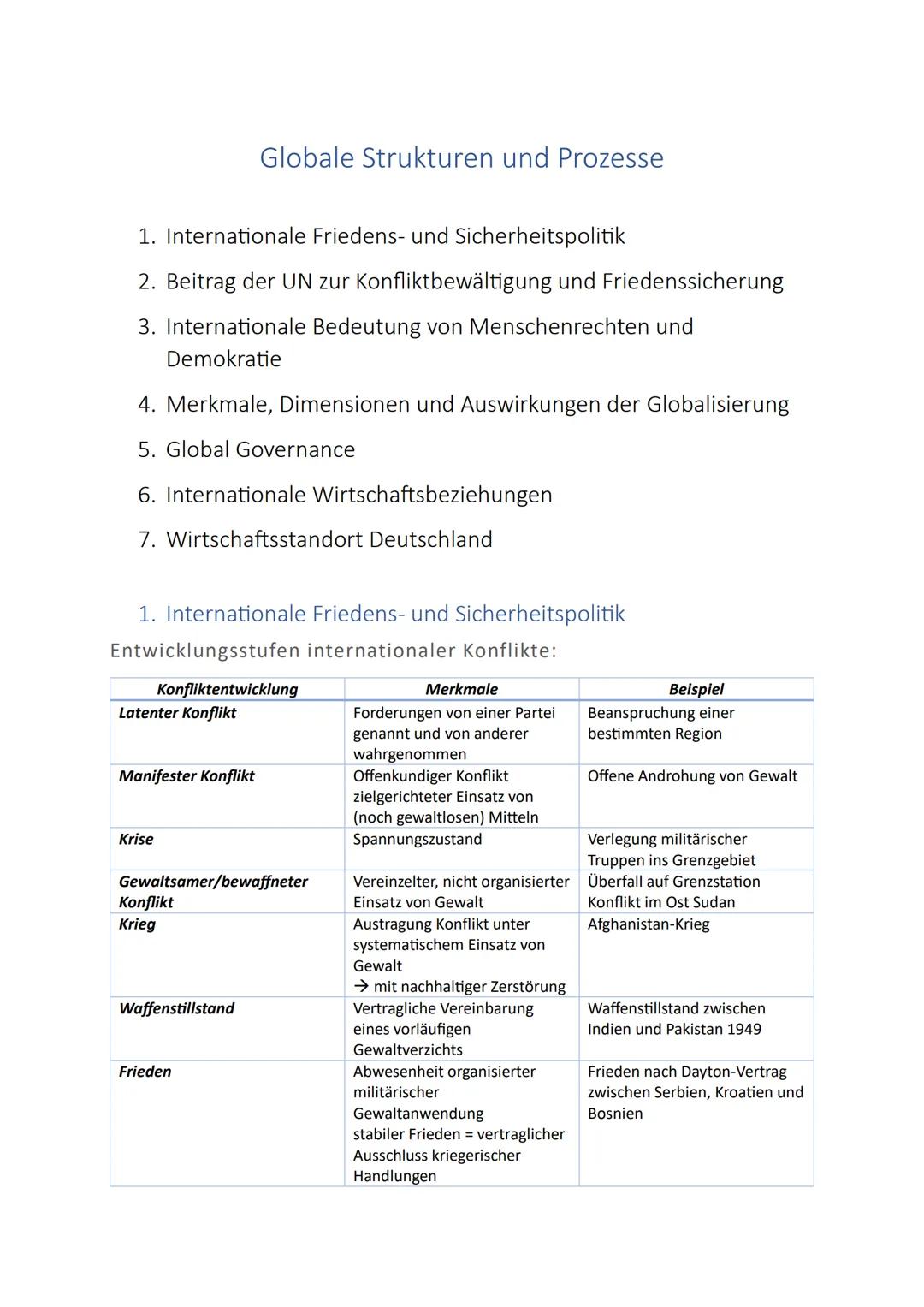 # Globale Strukturen und Prozesse

1. Internationale Friedens- und Sicherheitspolitik
2. Beitrag der UN zur Konfliktbewältigung und Friedens