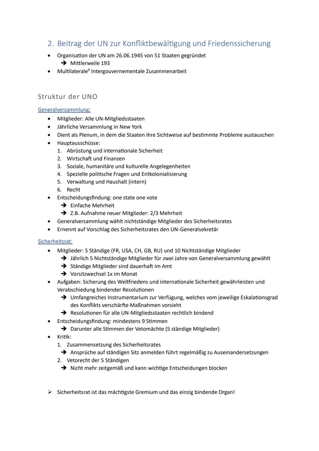 # Globale Strukturen und Prozesse

1. Internationale Friedens- und Sicherheitspolitik
2. Beitrag der UN zur Konfliktbewältigung und Friedens
