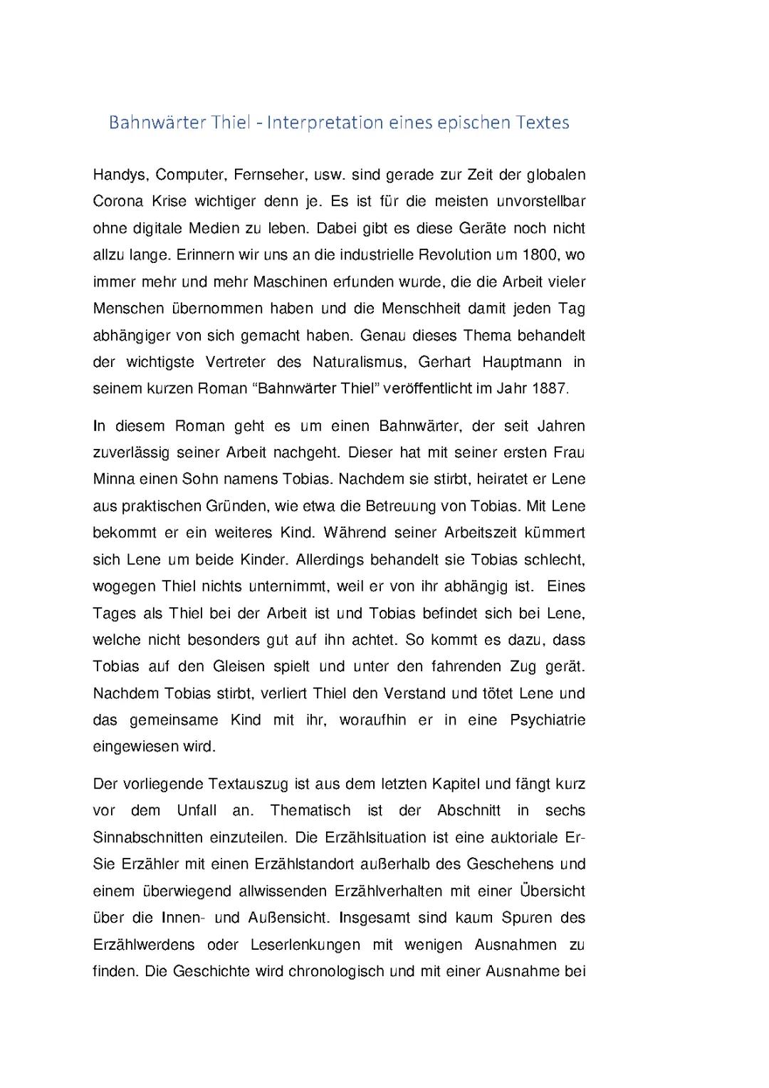 Bahnwärter Thiel Interpretation und Zusammenfassung Kapitel 1, 2 und 3