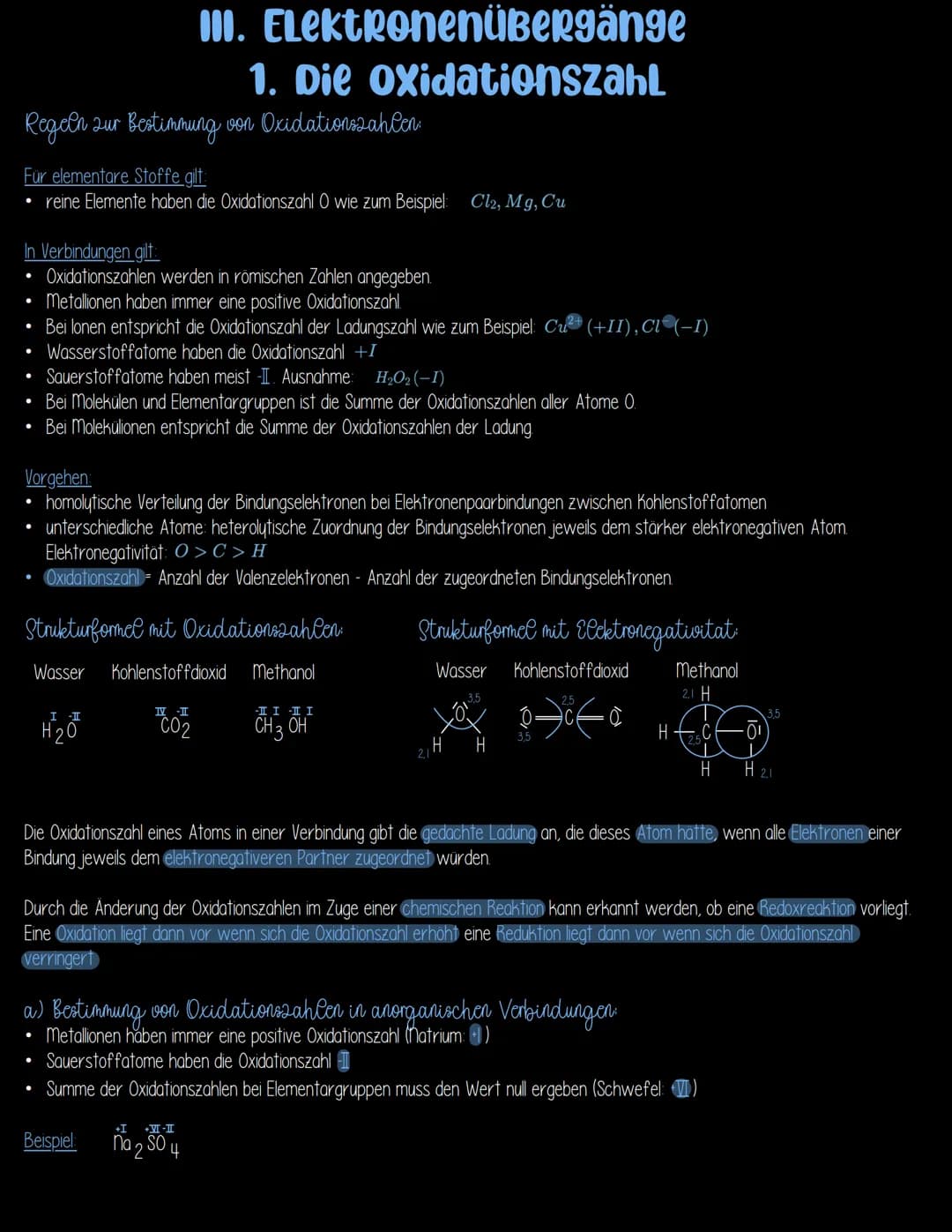 III. Elektronenübergänge
1. Die Oxidationszahl
Regeln zur Bestimmung von Oxidationszahlen:
Für elementare Stoffe gilt:
reine Elemente haben 