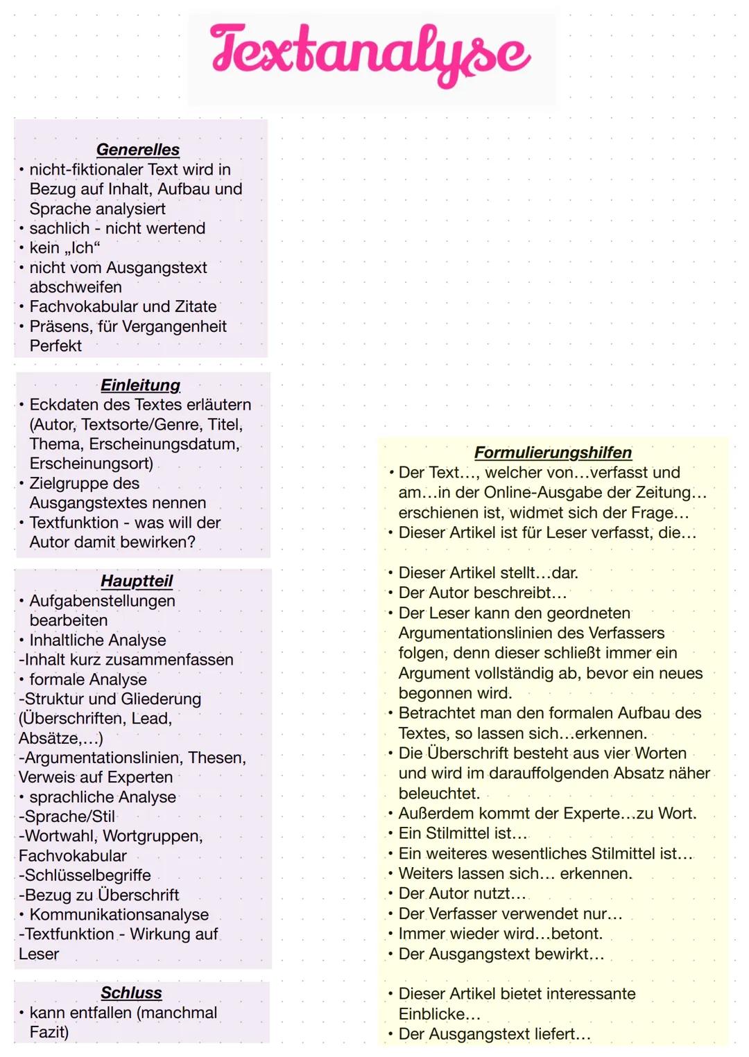 # Textanalyse

Generelles

*   nicht-fiktionaler Text wird in Bezug auf Inhalt, Aufbau und Sprache analysiert
*   sachlich nicht wertend
*  