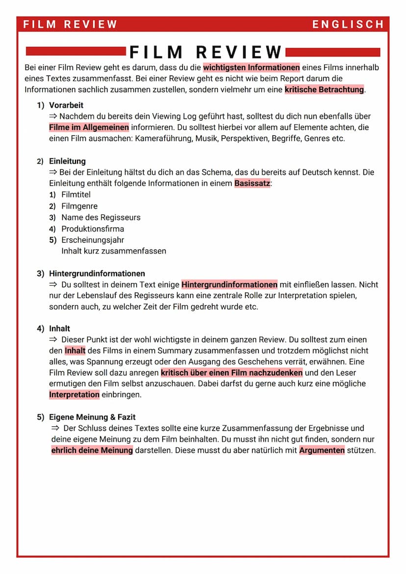 FILM REVIEW
VORGEHEN
Bevor du eine Film Review schreiben kannst, musst du dir zuerst einmal den Film, um den es geht,
anschauen. Leistest du