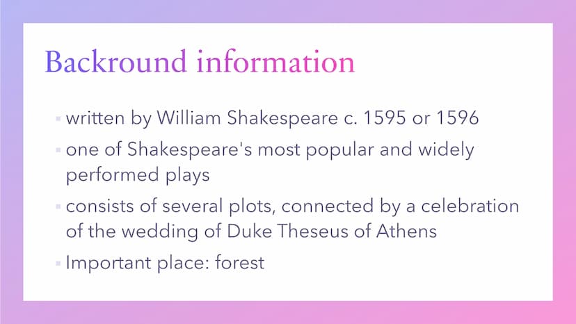 „A Midsummer Night's Dream"
A play by Shakespeare
Anna-Lena Förster Contents
COMO ADAS SA
Backround information
Topics
Setting
Plotline(s)
M