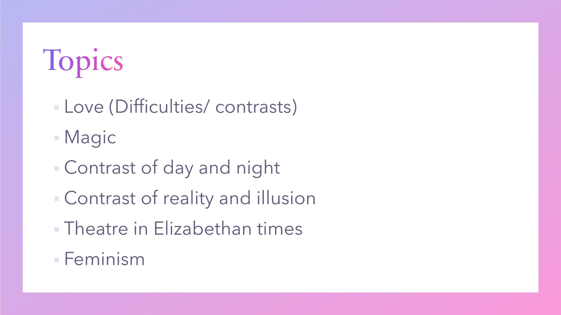 „A Midsummer Night's Dream"
A play by Shakespeare
Anna-Lena Förster Contents
COMO ADAS SA
Backround information
Topics
Setting
Plotline(s)
M