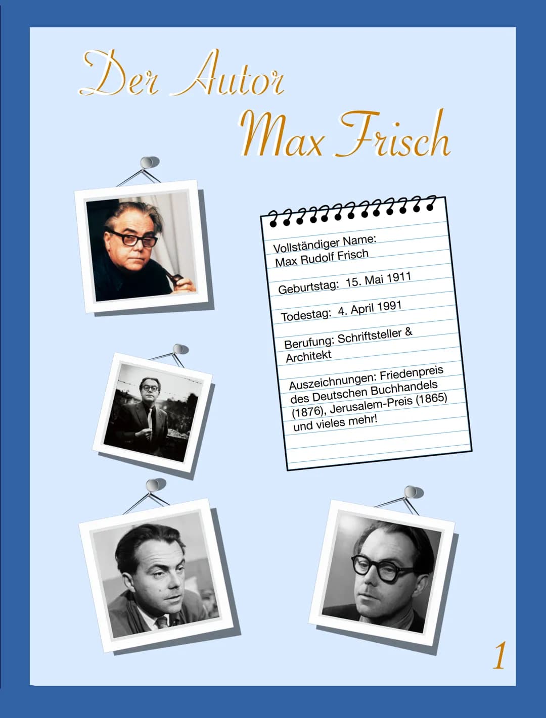 Andorra
Name:
Lesetagebuch
Klasse:
von
Lehrer:
Max Frisch Das Inhaltsverzeichnis
Der Autor.
Das Thema des Buches...
Das Handlungsgeschehen..