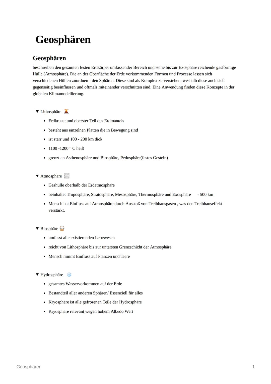 Geosphären
Geosphären
beschreiben den gesamten festen Erdkörper umfassender Bereich und seine bis zur Exosphäre reichende gasförmige
Hülle (