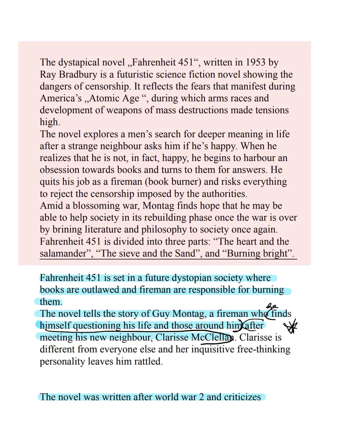 - dystopischer Roman, veröffentlicht 1953 von Ray Bradbury
- es geht um den Feuerwehrmann Guy Montag, der Bücher verbrennt, und um seine Ent