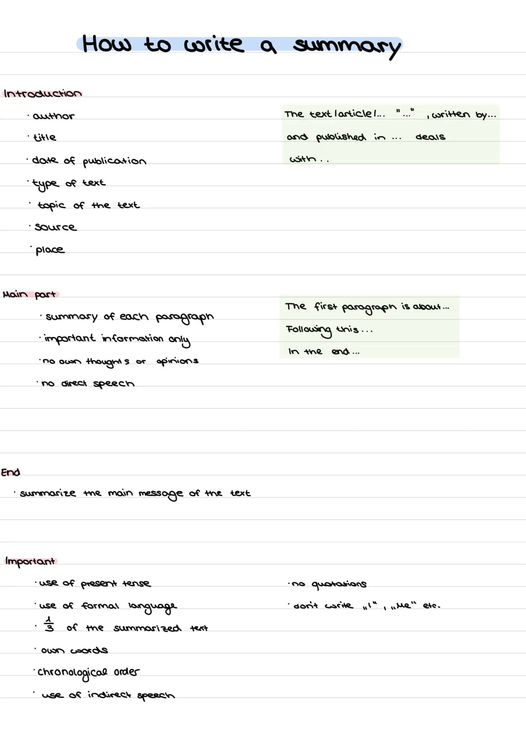 Introduction
author
End
title
• date of publication
type of text
topic of the text
·Source
place
Main part
How to write a summary
• summary 