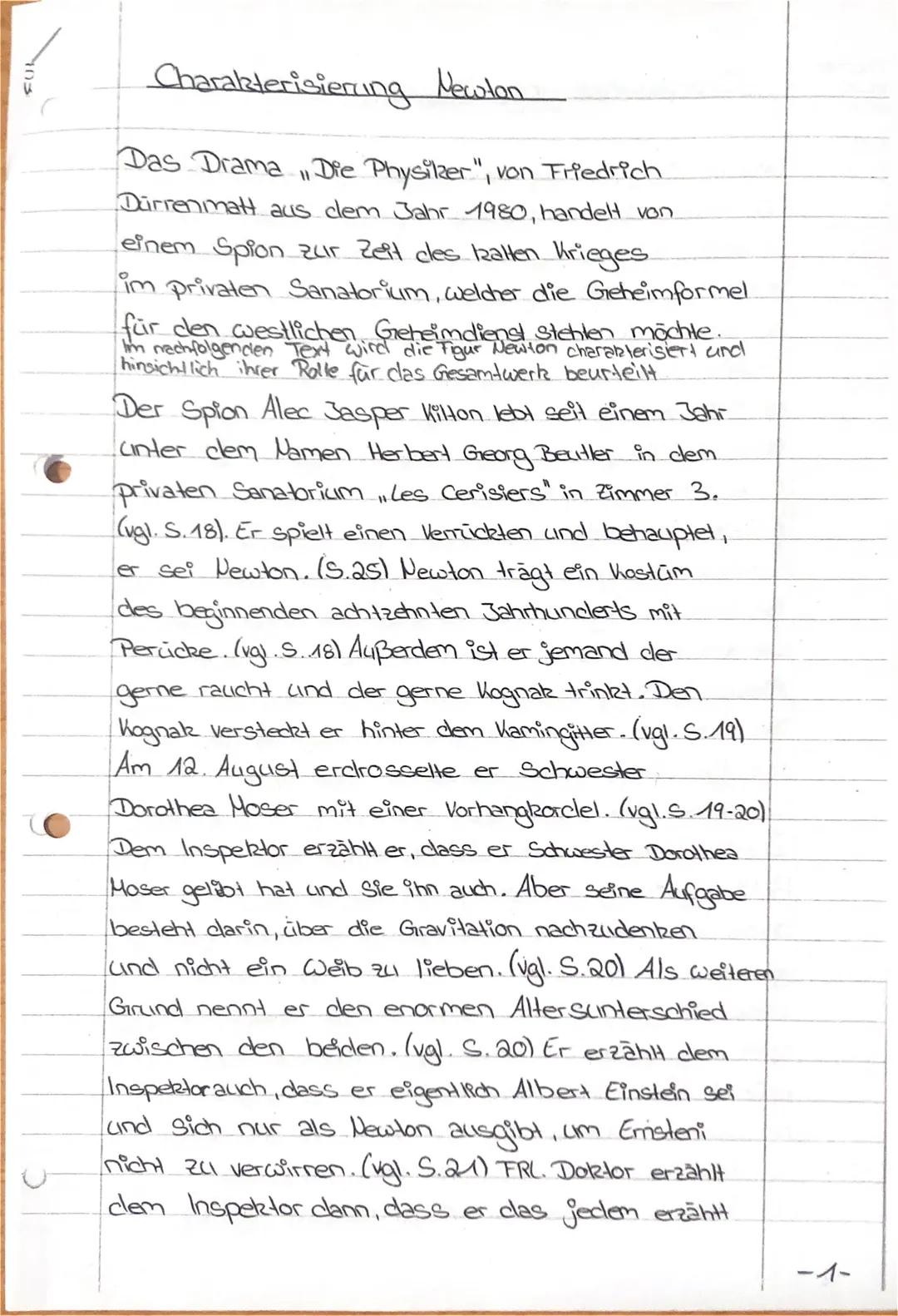 FUL

# Charakterisierung Newton

Das Drama "Die Physiker", von Friedrich
Dürrenmatt aus dem Jahr 1980, handelt von
einem Spion zur Zeit cles