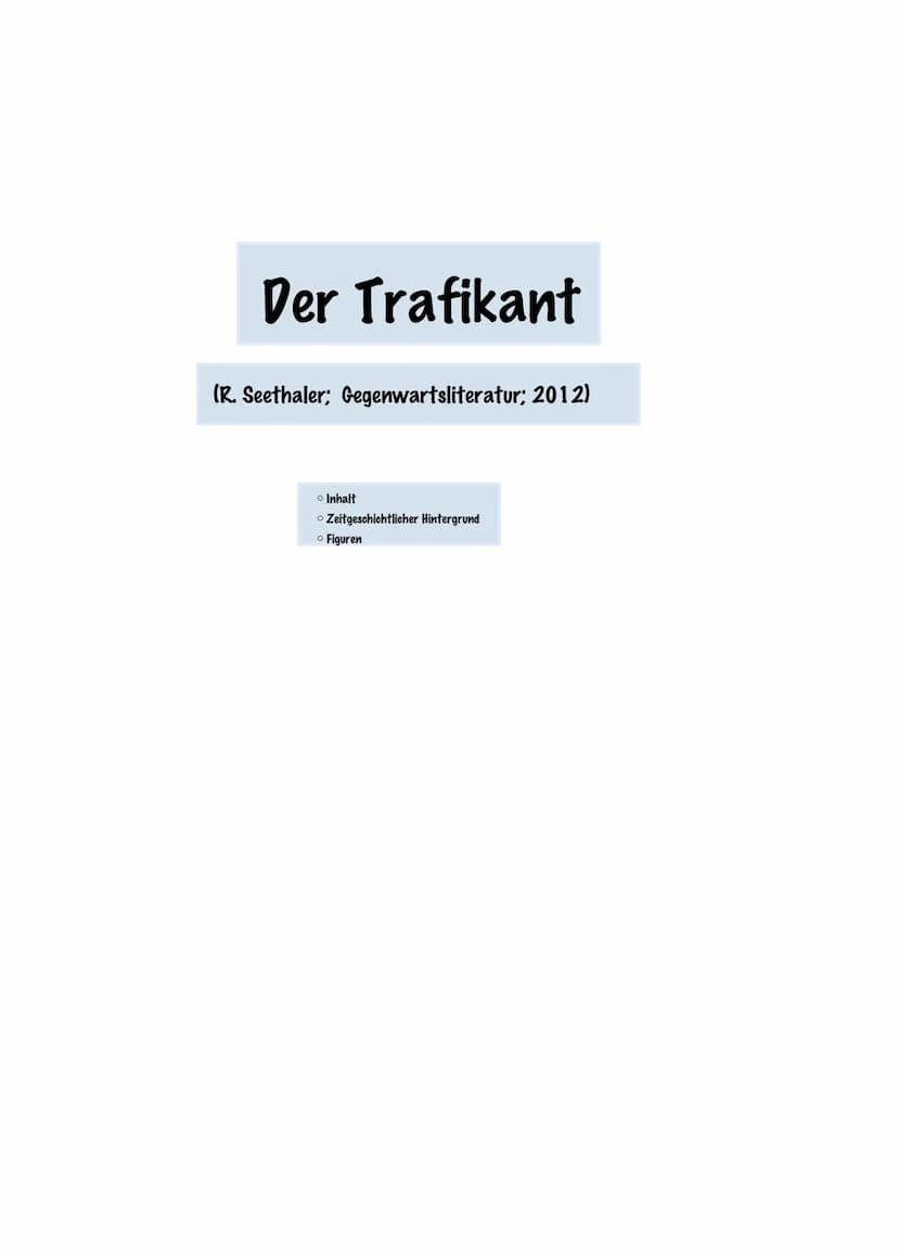 Der Trafikant
(R. Seethaler; Gegenwartsliteratur; 2012)
○ Inhalt
Zeitgeschichtlicher Hintergrund
o Figuren Inhalt
Der 17-jährige Franz Huche