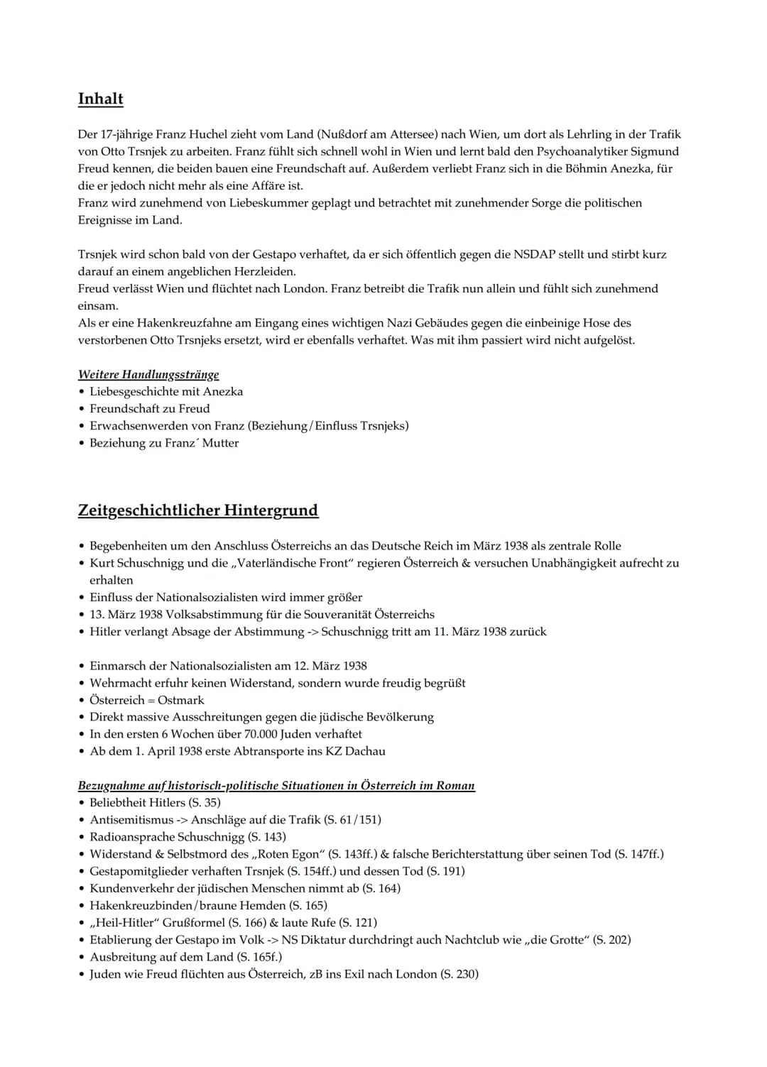 Der Trafikant
(R. Seethaler; Gegenwartsliteratur; 2012)
○ Inhalt
Zeitgeschichtlicher Hintergrund
o Figuren Inhalt
Der 17-jährige Franz Huche