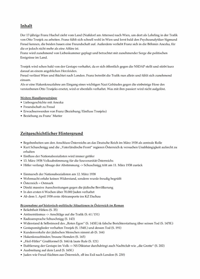 Der Trafikant
(R. Seethaler; Gegenwartsliteratur; 2012)
○ Inhalt
Zeitgeschichtlicher Hintergrund
o Figuren Inhalt
Der 17-jährige Franz Huche