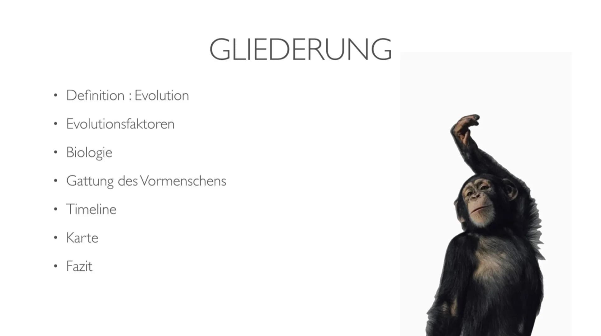 EVOLUTION DES MENSCHEN ●
●
●
●
●
●
Definition: Evolution
Evolutionsfaktoren
GLIEDERUNG
Biologie
Gattung des Vormenschens
Timeline
Karte
Fazi