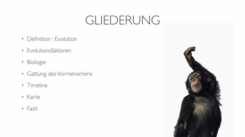 EVOLUTION DES MENSCHEN ●
●
●
●
●
●
Definition: Evolution
Evolutionsfaktoren
GLIEDERUNG
Biologie
Gattung des Vormenschens
Timeline
Karte
Fazi