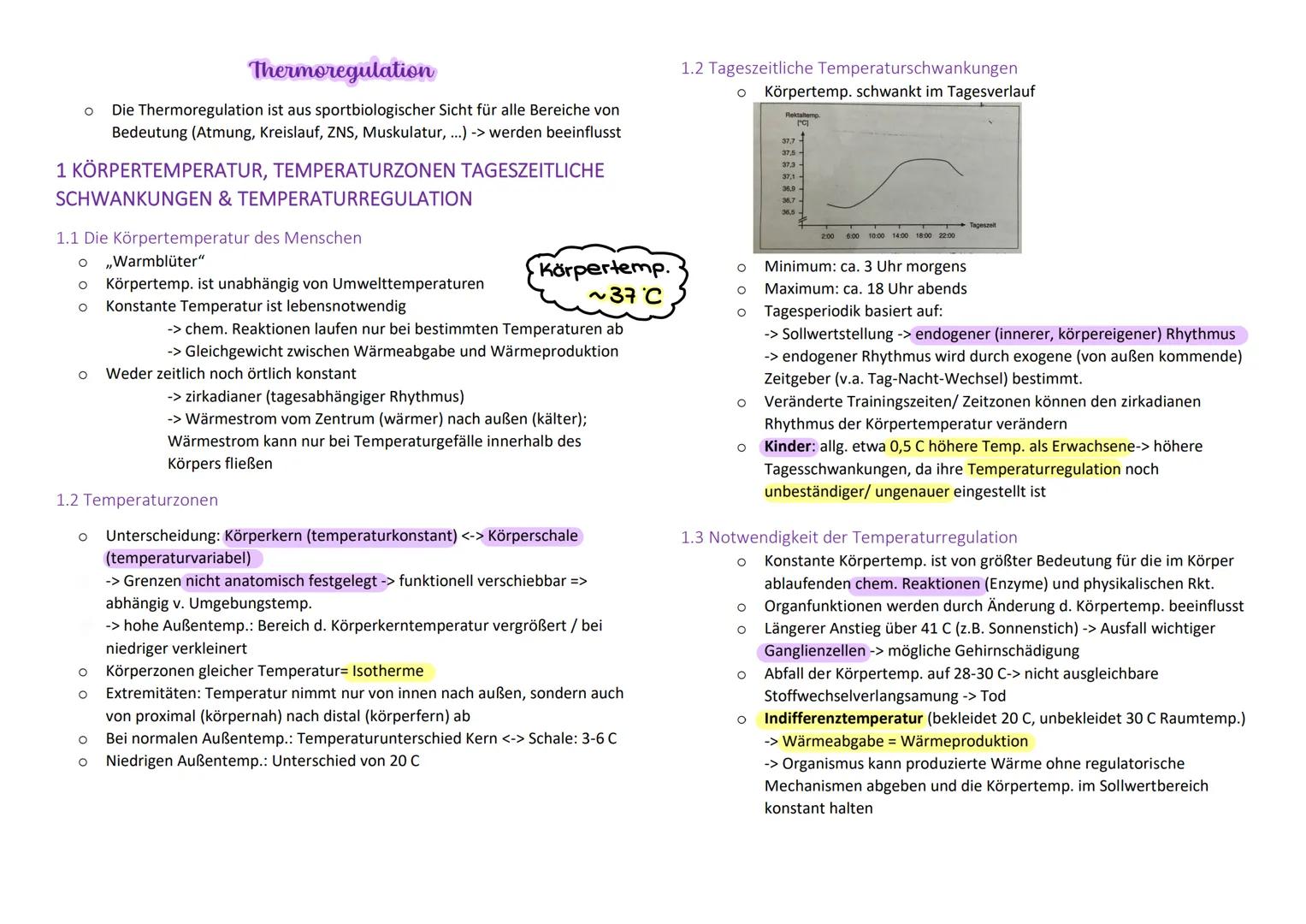 Thermoregulation
O Die Thermoregulation ist aus sportbiologischer Sicht für alle Bereiche von
Bedeutung (Atmung, Kreislauf, ZNS, Muskulatur,