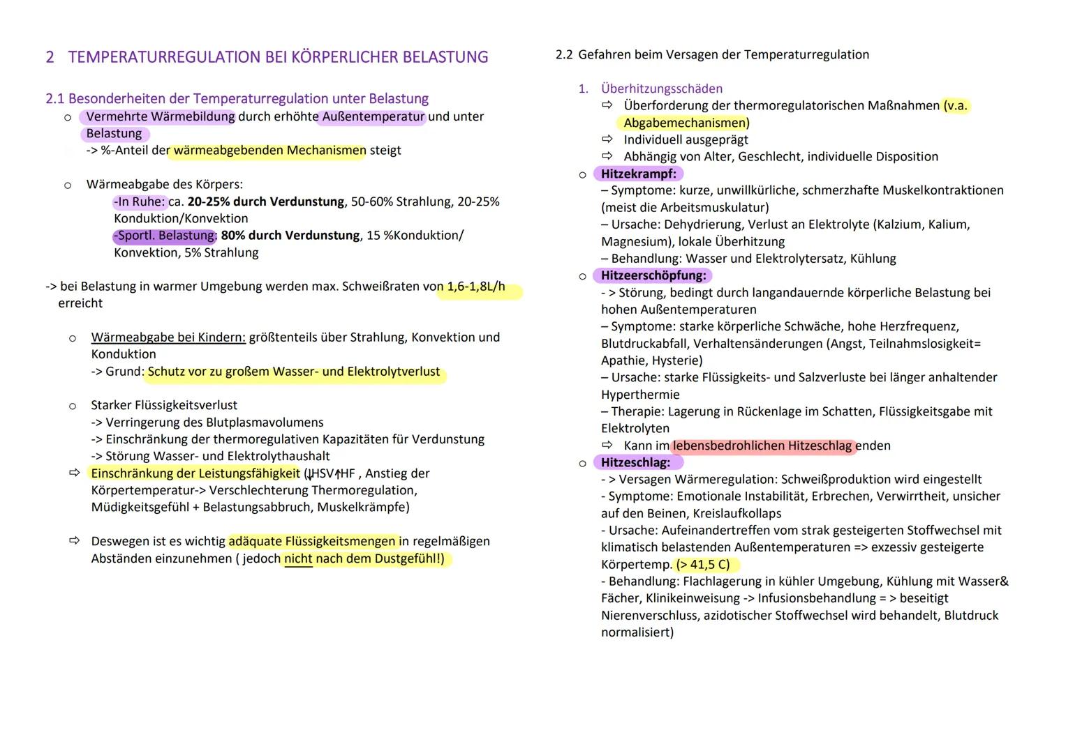 Thermoregulation
O Die Thermoregulation ist aus sportbiologischer Sicht für alle Bereiche von
Bedeutung (Atmung, Kreislauf, ZNS, Muskulatur,