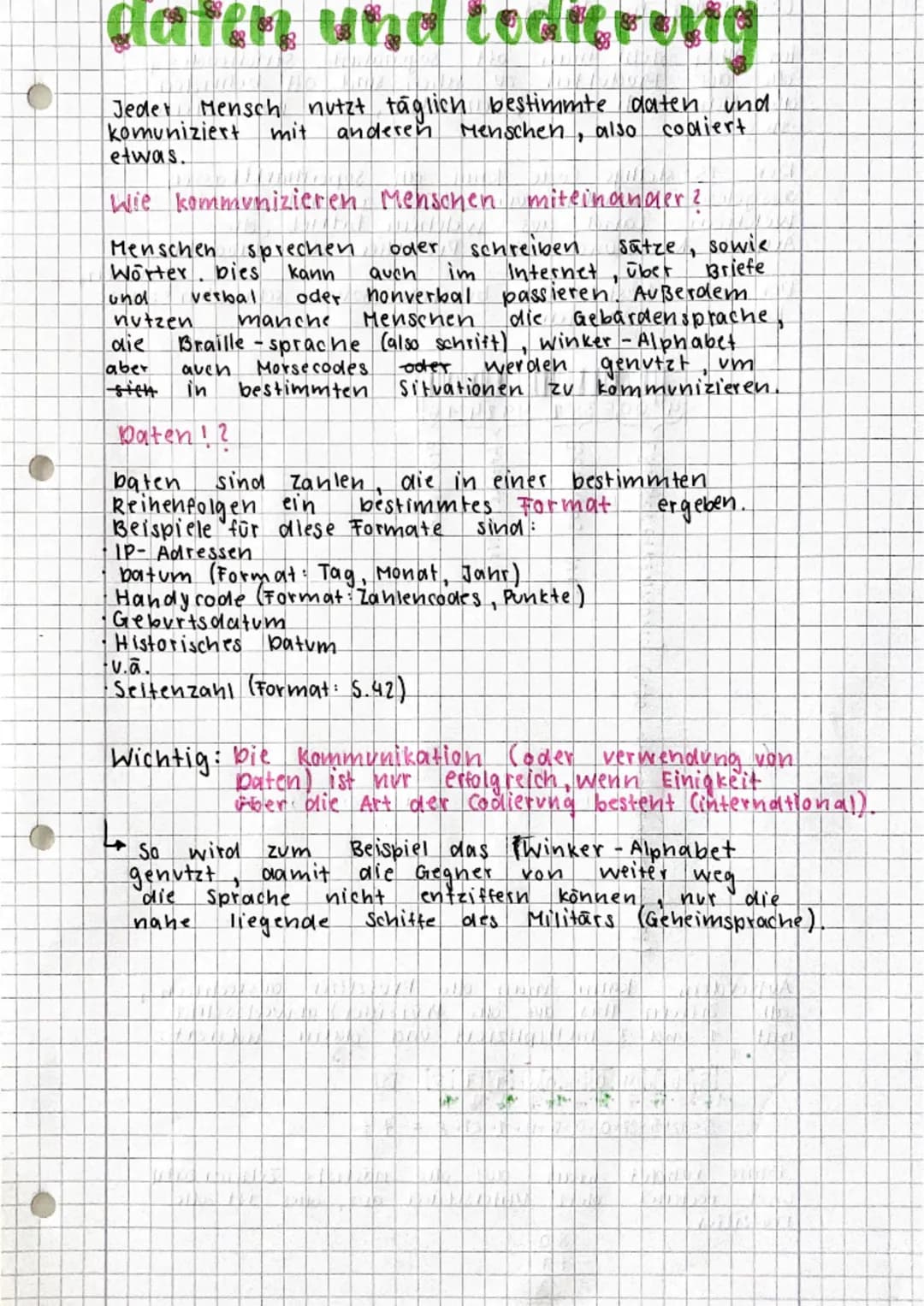 daten und Codicrolig
Jeder Mensch nutzt täglich bestimmte daten und
mit anderen Menschen, also codiert
komuniziert
etwas.
Wie kommunizieren 