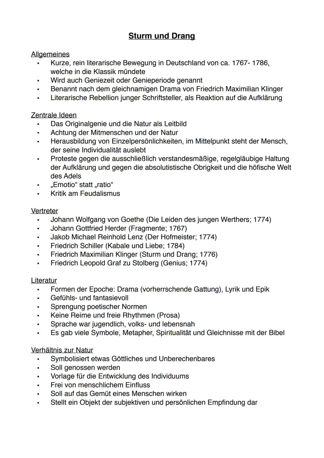 Allgemeines
Kurze, rein literarische Bewegung in Deutschland von ca. 1767-1786,
welche in die Klassik mündete
Wird auch Geniezeit oder Genie