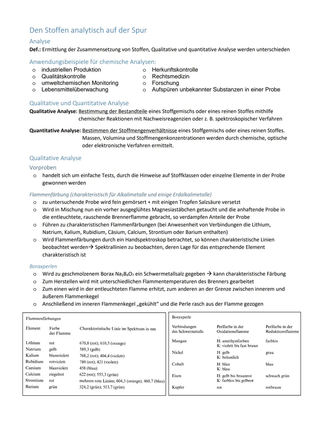 Den Stoffen analytisch auf der Spur
Analyse
Def.: Ermittlung der Zusammensetzung von Stoffen, Qualitative und quantitative Analyse werden un