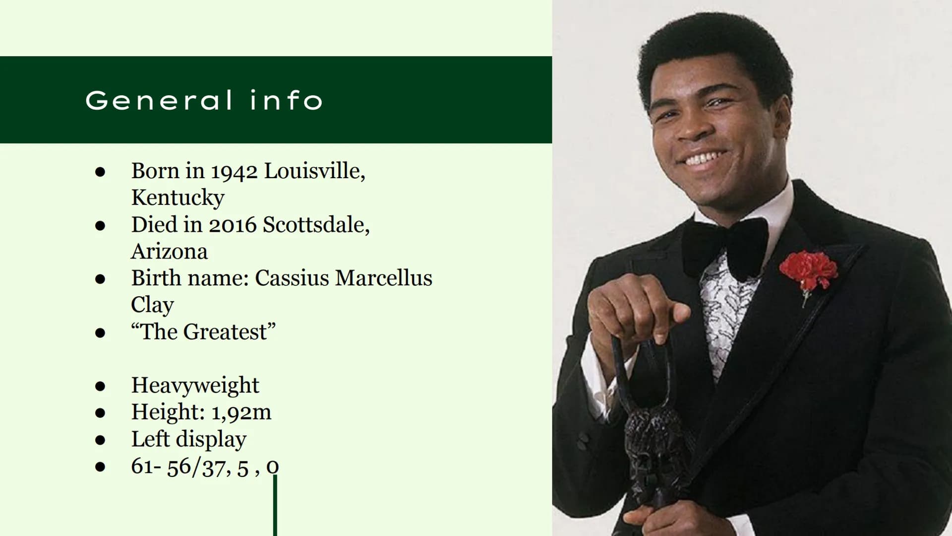 
<h2 id="childhoodandearlylife">Childhood and Early Life</h2>
<p>Muhammad Ali, born in 1942 in Louisville, Kentucky, grew up in a poor house