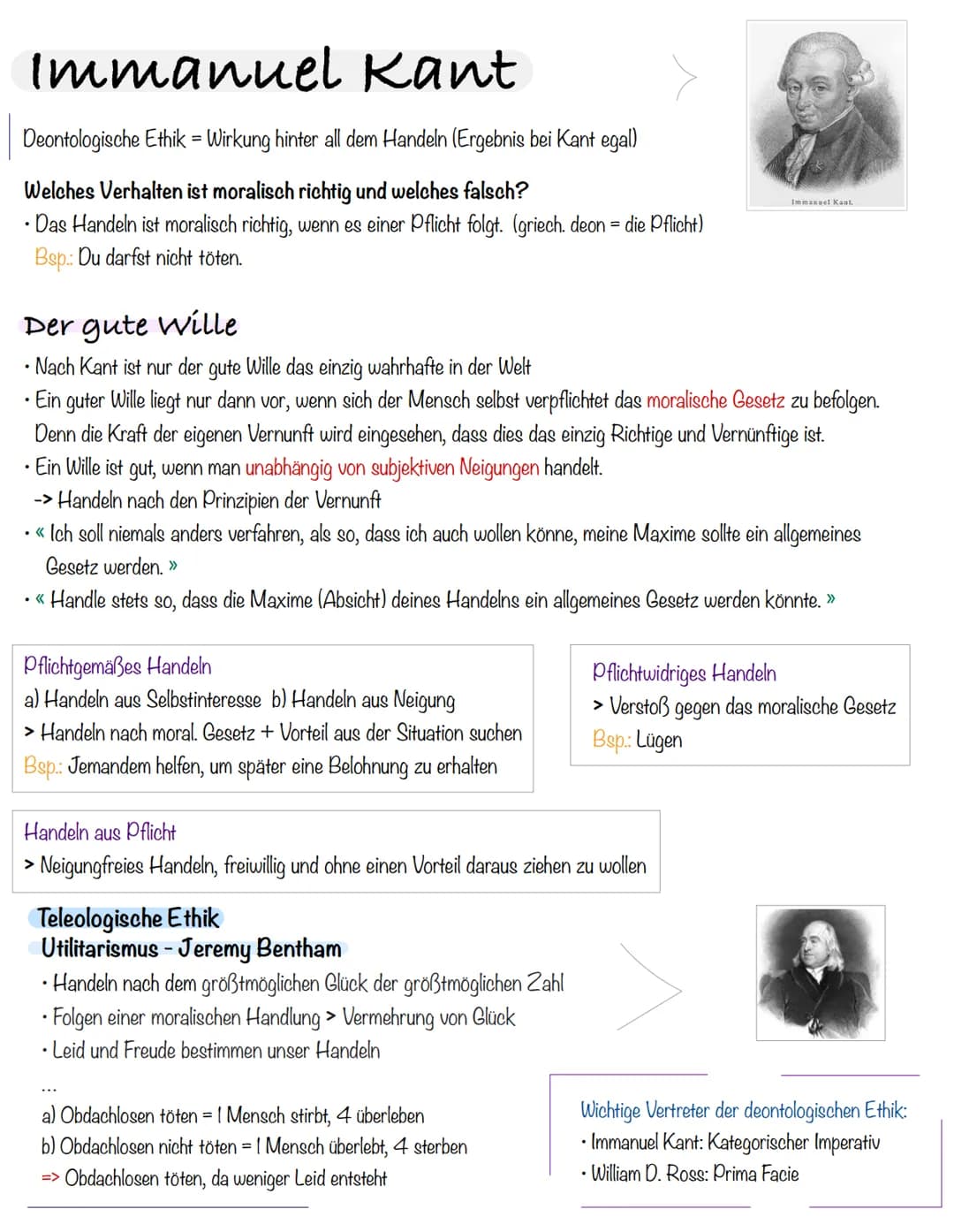 Deontologische
Ethik Immanuel Kant
Deontologische Ethik = Wirkung hinter all dem Handeln (Ergebnis bei Kant egal)
Welches Verhalten ist mora