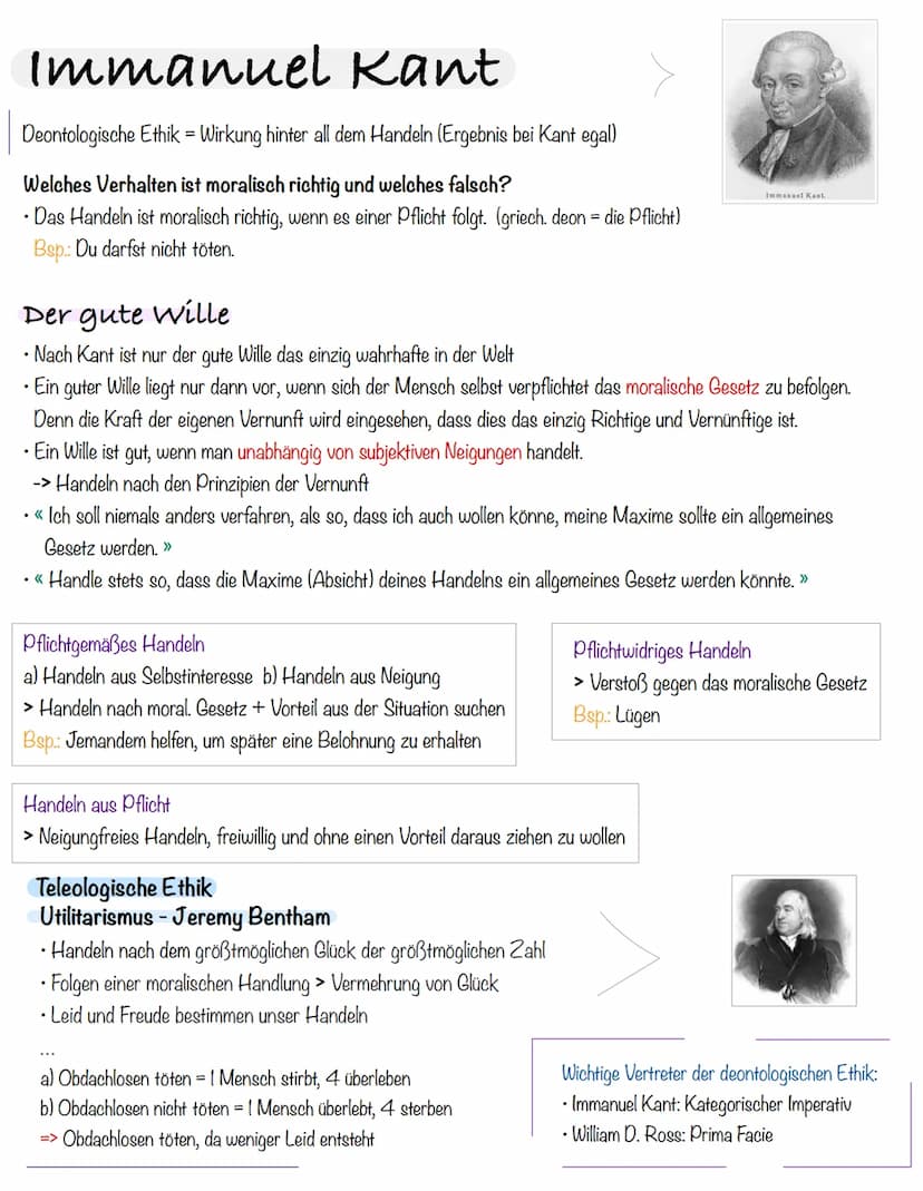 Deontologische
Ethik Immanuel Kant
Deontologische Ethik = Wirkung hinter all dem Handeln (Ergebnis bei Kant egal)
Welches Verhalten ist mora