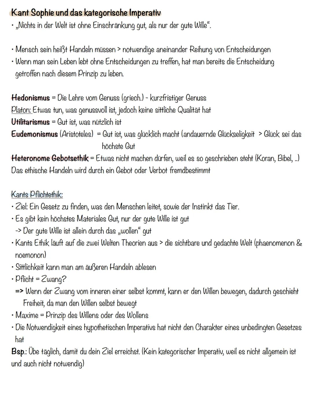 Deontologische
Ethik Immanuel Kant
Deontologische Ethik = Wirkung hinter all dem Handeln (Ergebnis bei Kant egal)
Welches Verhalten ist mora