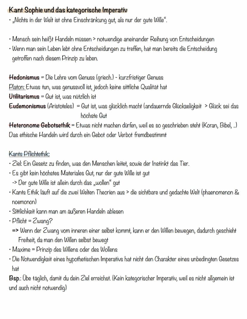 Deontologische
Ethik Immanuel Kant
Deontologische Ethik = Wirkung hinter all dem Handeln (Ergebnis bei Kant egal)
Welches Verhalten ist mora