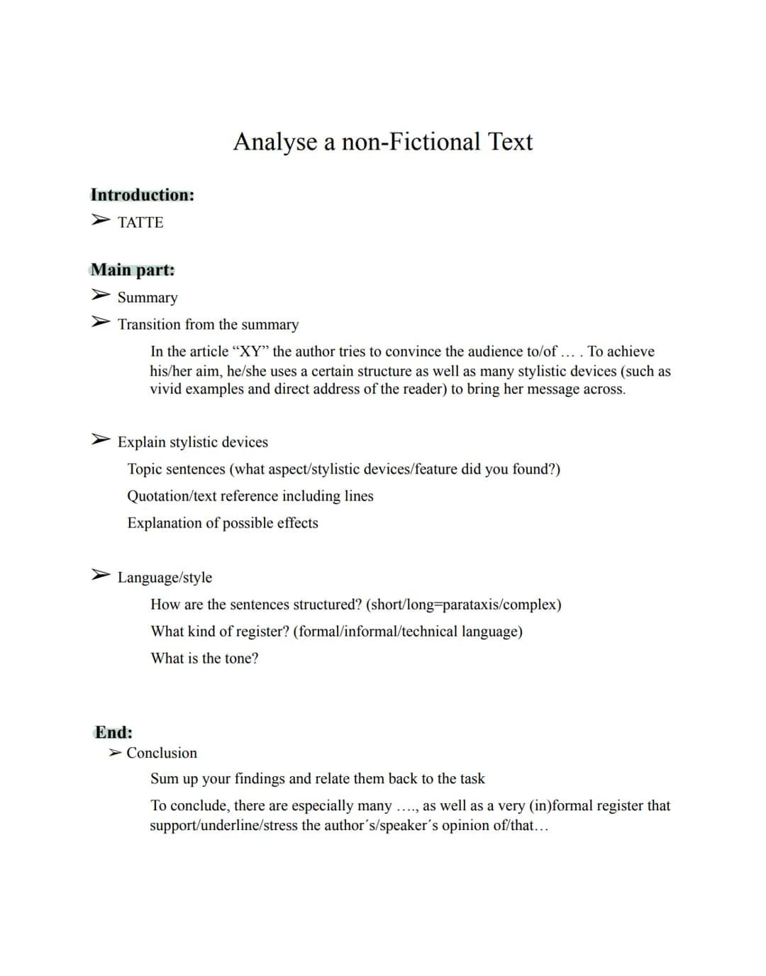 Introduction:
> TATTE
Main part:
Summary
Transition from the summary
Analyse a non-Fictional Text
In the article "XY" the author tries to co