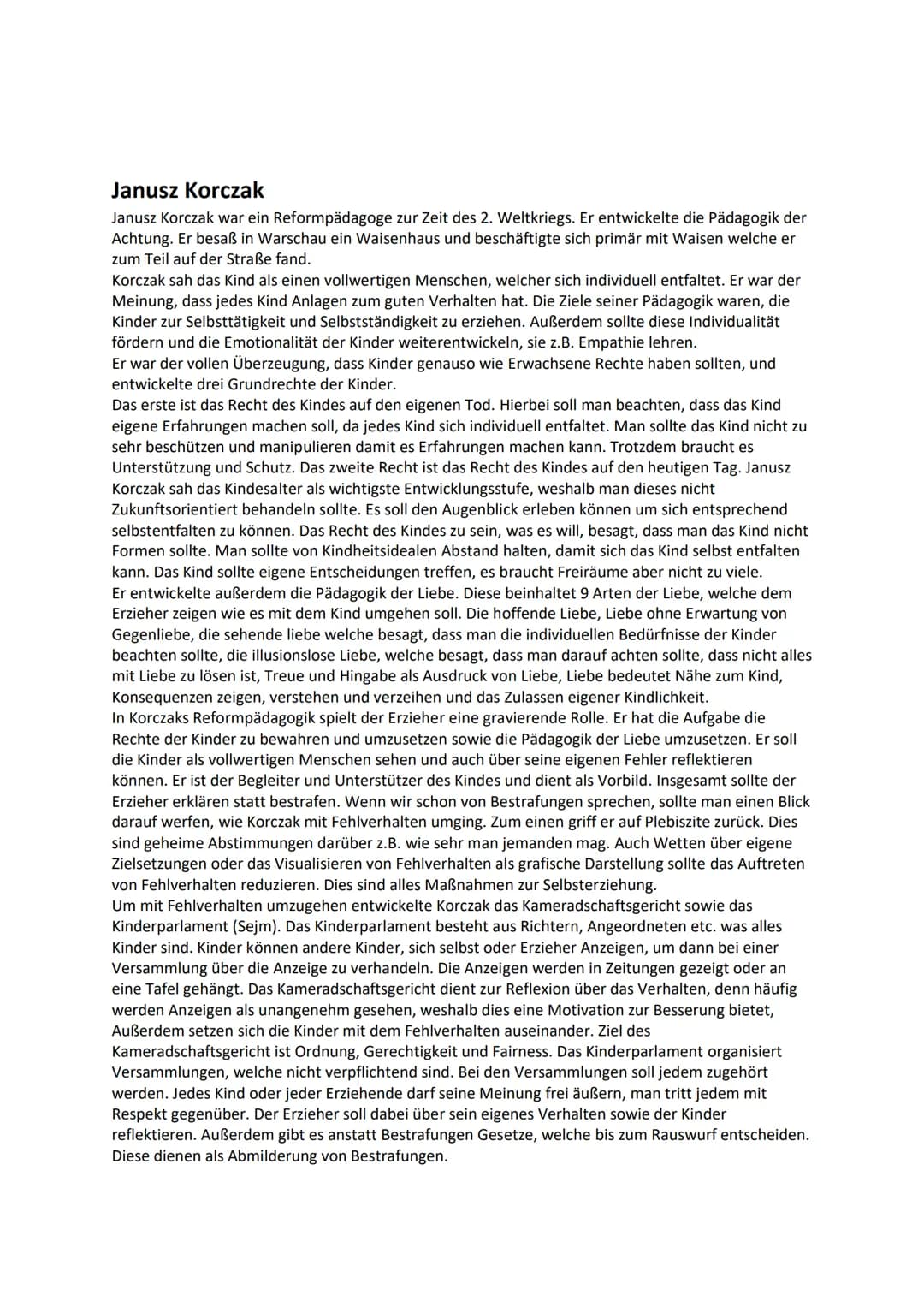 Janusz Korczak
Janusz Korczak war ein Reformpädagoge zur Zeit des 2. Weltkriegs. Er entwickelte die Pädagogik der
Achtung. Er besaß in Warsc